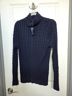 Lands' End Women's Navy Cable Knit Turtleneck Sweater Cabincore Winter Large Nwt